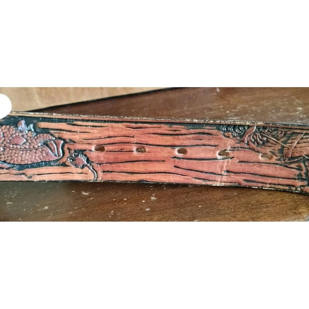 Montana Silversmiths Belt Size 38 Tooled Leather Fish Motif Deer Buckle Western